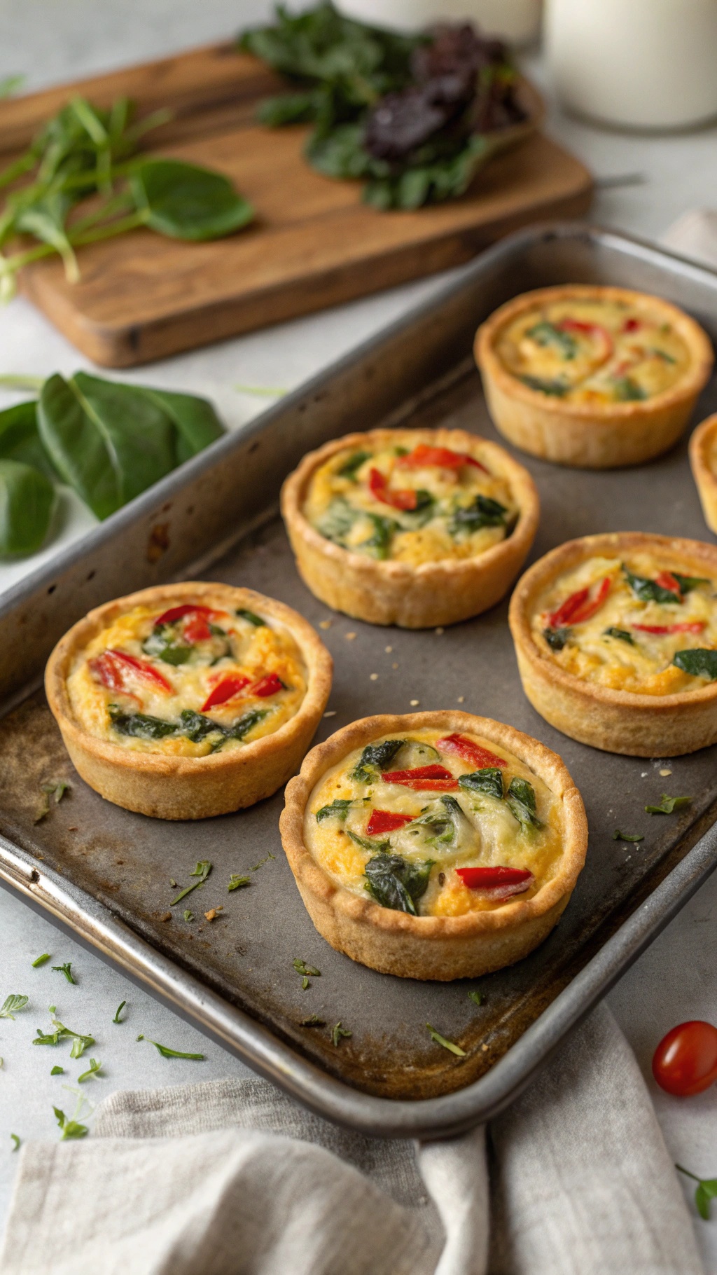 A tray of mini quiches filled with vegetables, ready to be enjoyed.