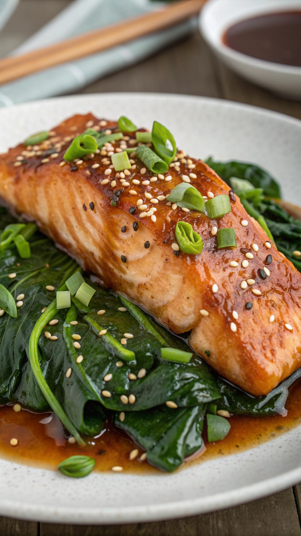 Miso glazed salmon served on a bed of spinach with sesame seeds and green onions