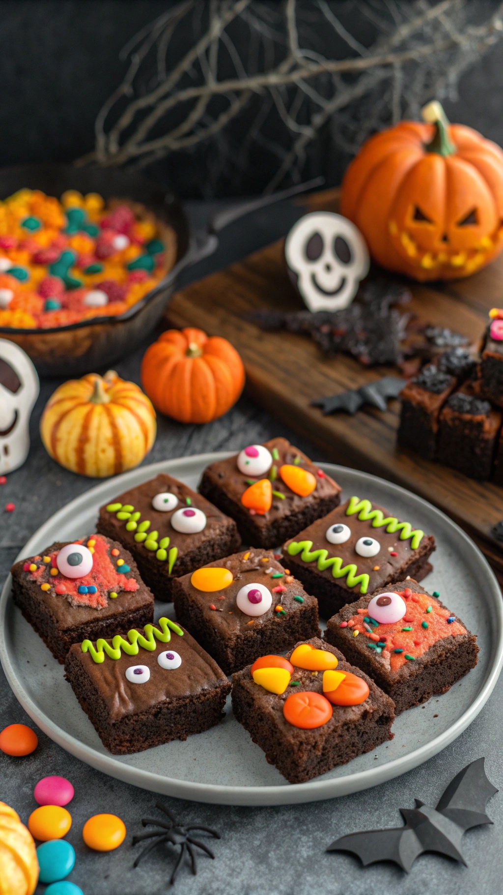 Plate of decorated monster brownies with candy eyes and colorful icing for Halloween.