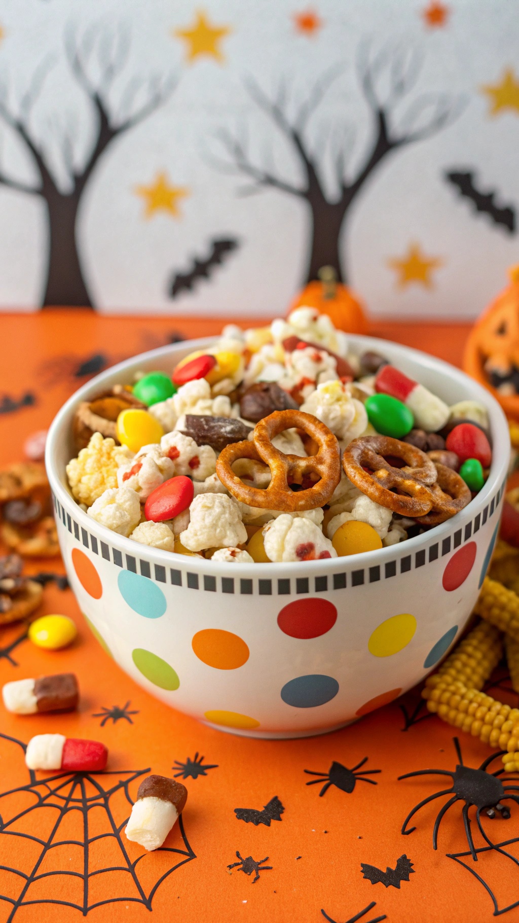 A colorful bowl of Monster Munch Snack Mix filled with popcorn, pretzels, and Halloween candies.