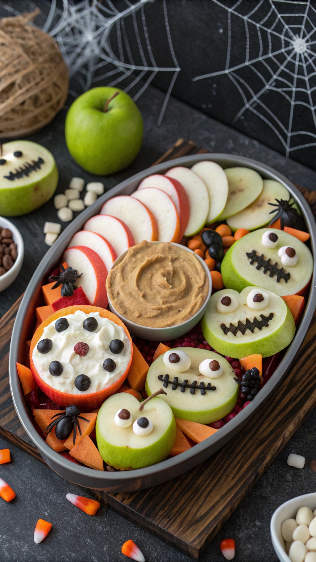 A platter of apple slices decorated as monsters with peanut butter dip and candy.