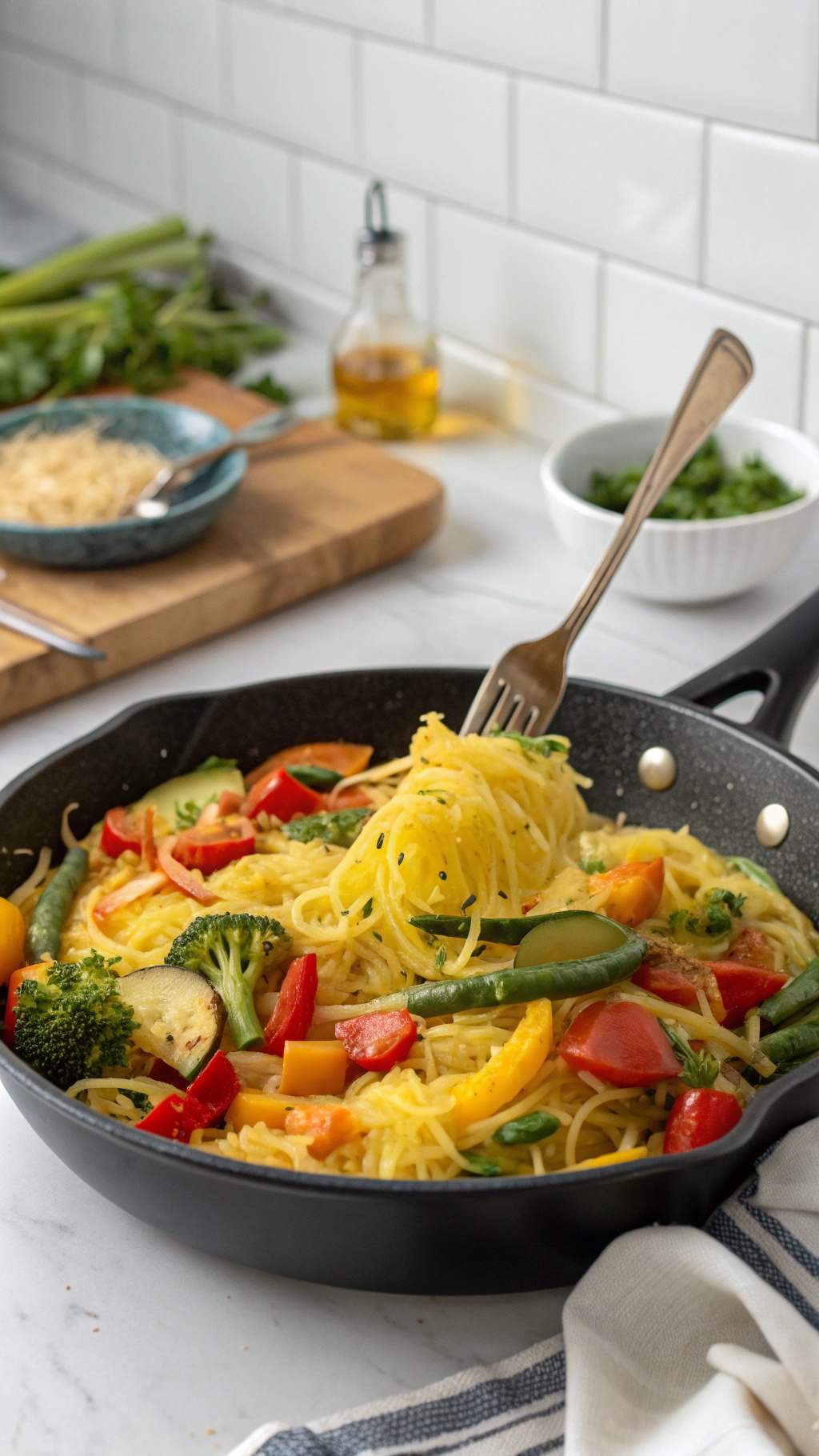 A one-pan spaghetti squash primavera dish with colorful vegetables.