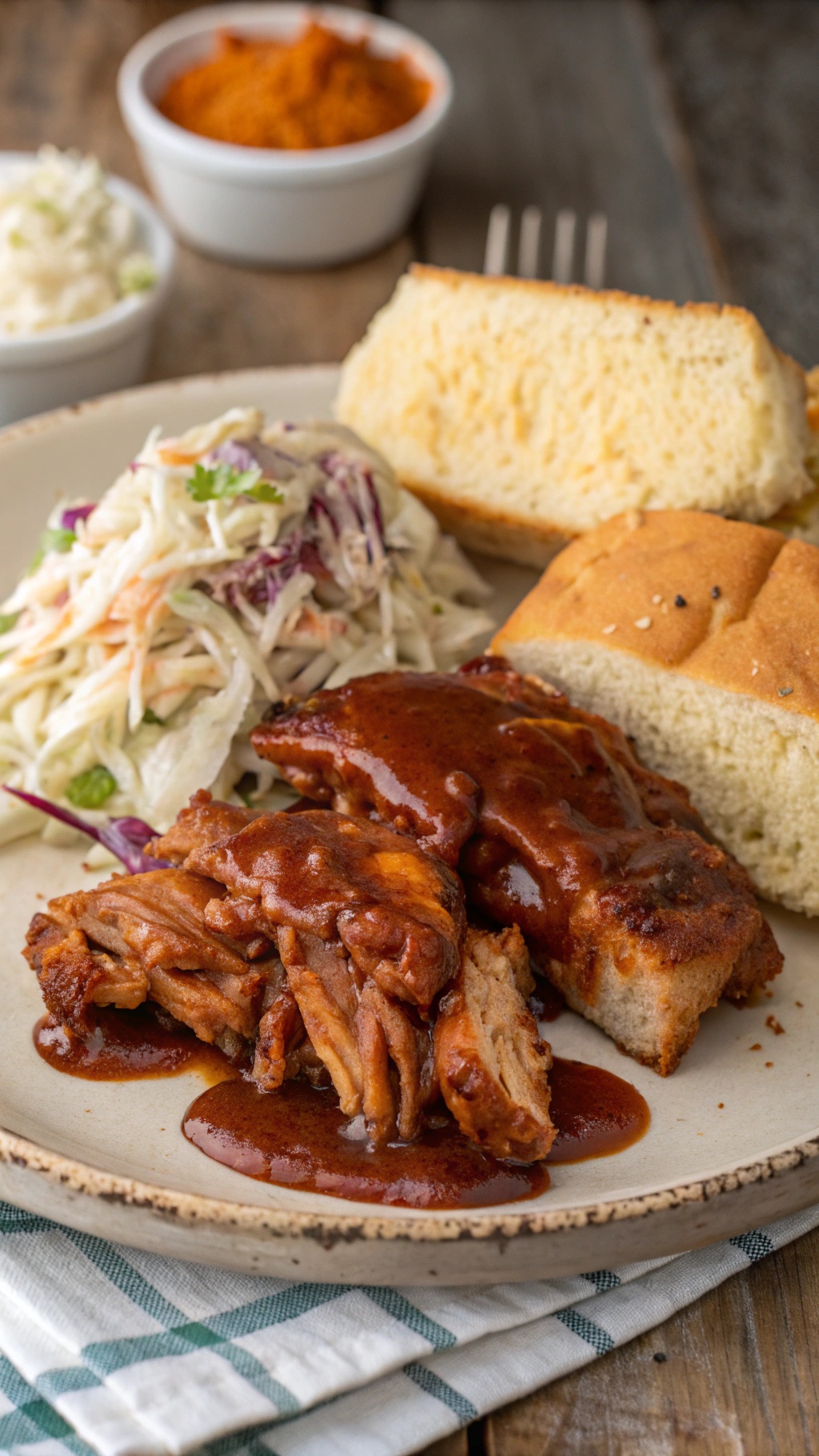 Plate of BBQ chicken with coleslaw and bread on a wooden table