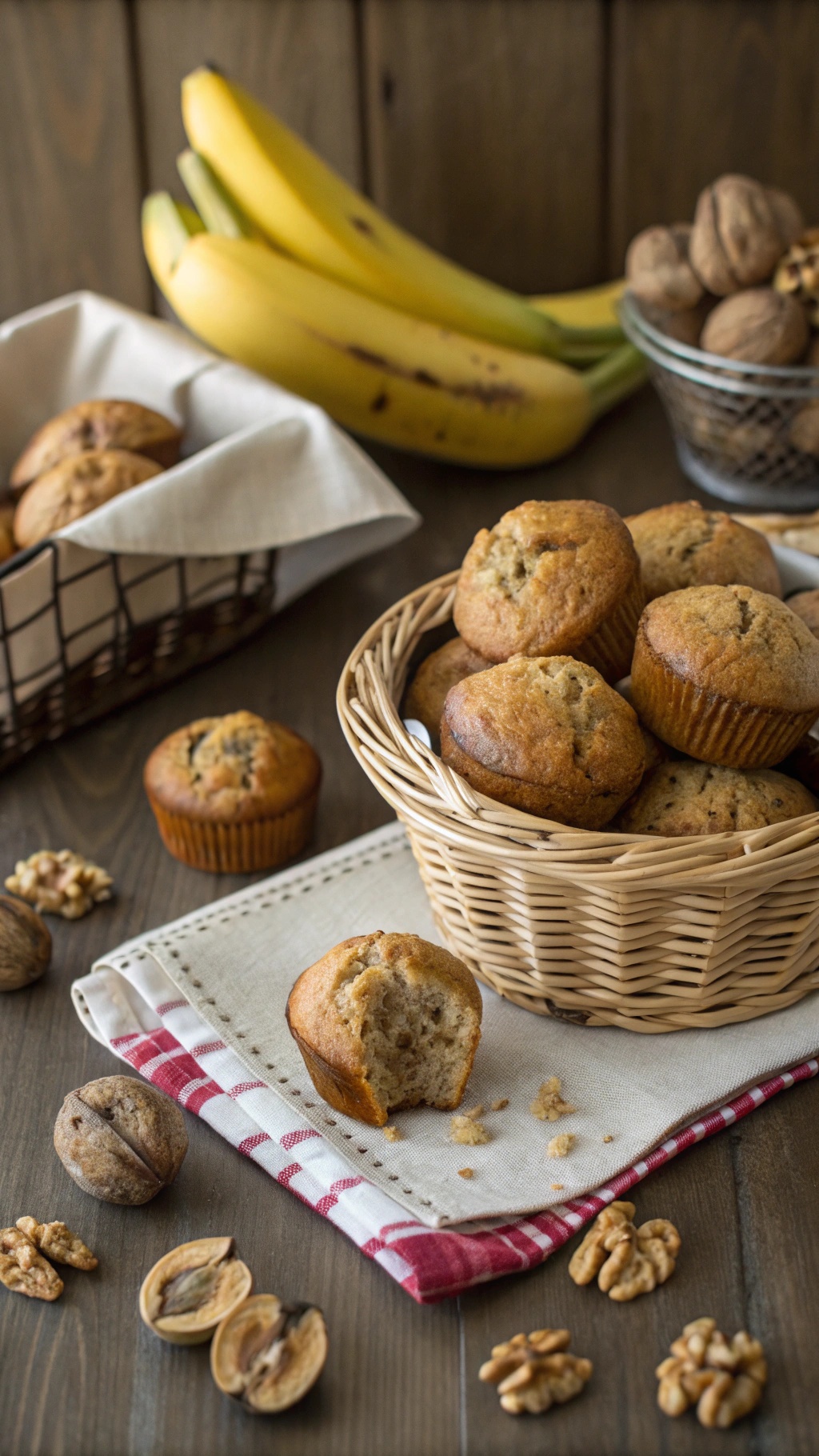 A basket of banana nut muffins with fresh bananas and walnuts in the background.