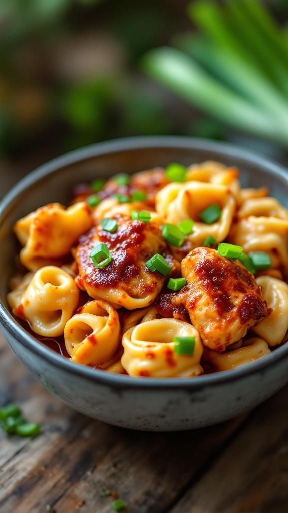 A bowl of BBQ Chicken Tortellini topped with green onions