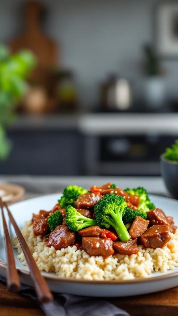 A plate of beef and broccoli stir-fry served over cauliflower rice, garnished with chopsticks.