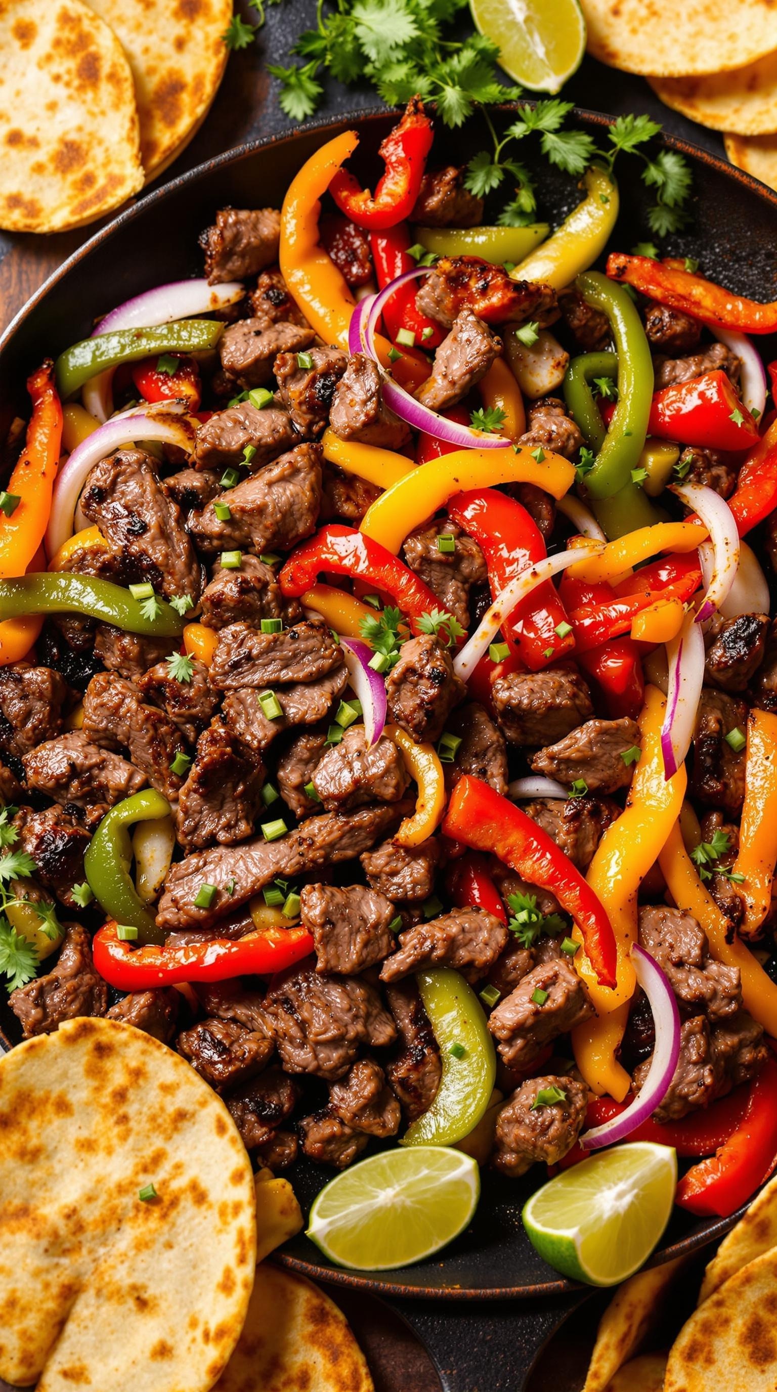 A colorful plate of beef fajitas with peppers and onions, served with tortillas and lime wedges.