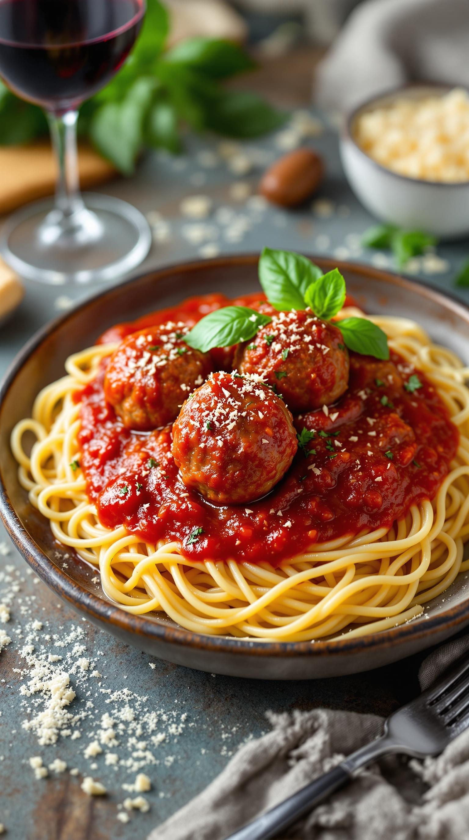 A plate of spaghetti topped with beef meatballs in tomato sauce, garnished with basil and Parmesan cheese.