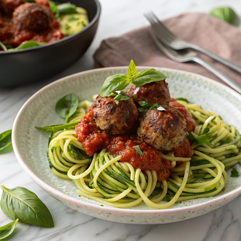 A plate of beef meatballs served on zoodles with marinara sauce and fresh basil.