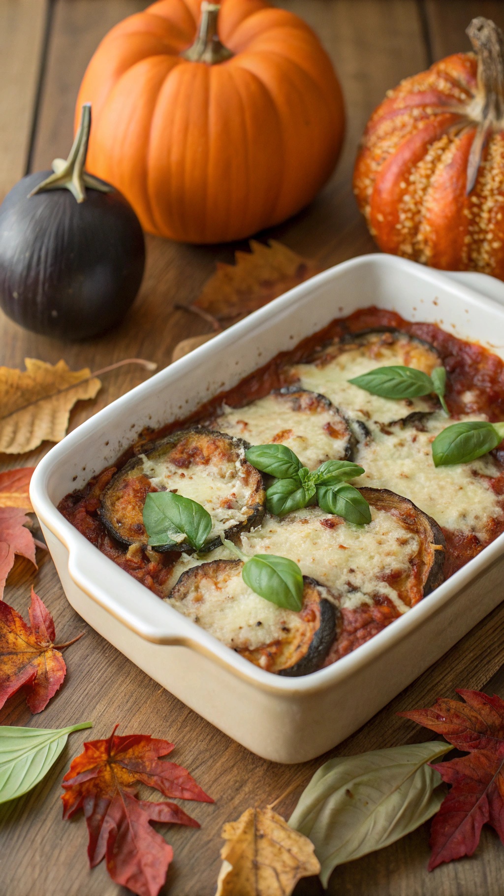 A delicious Eggplant Parmesan Bake surrounded by autumn leaves and pumpkins.