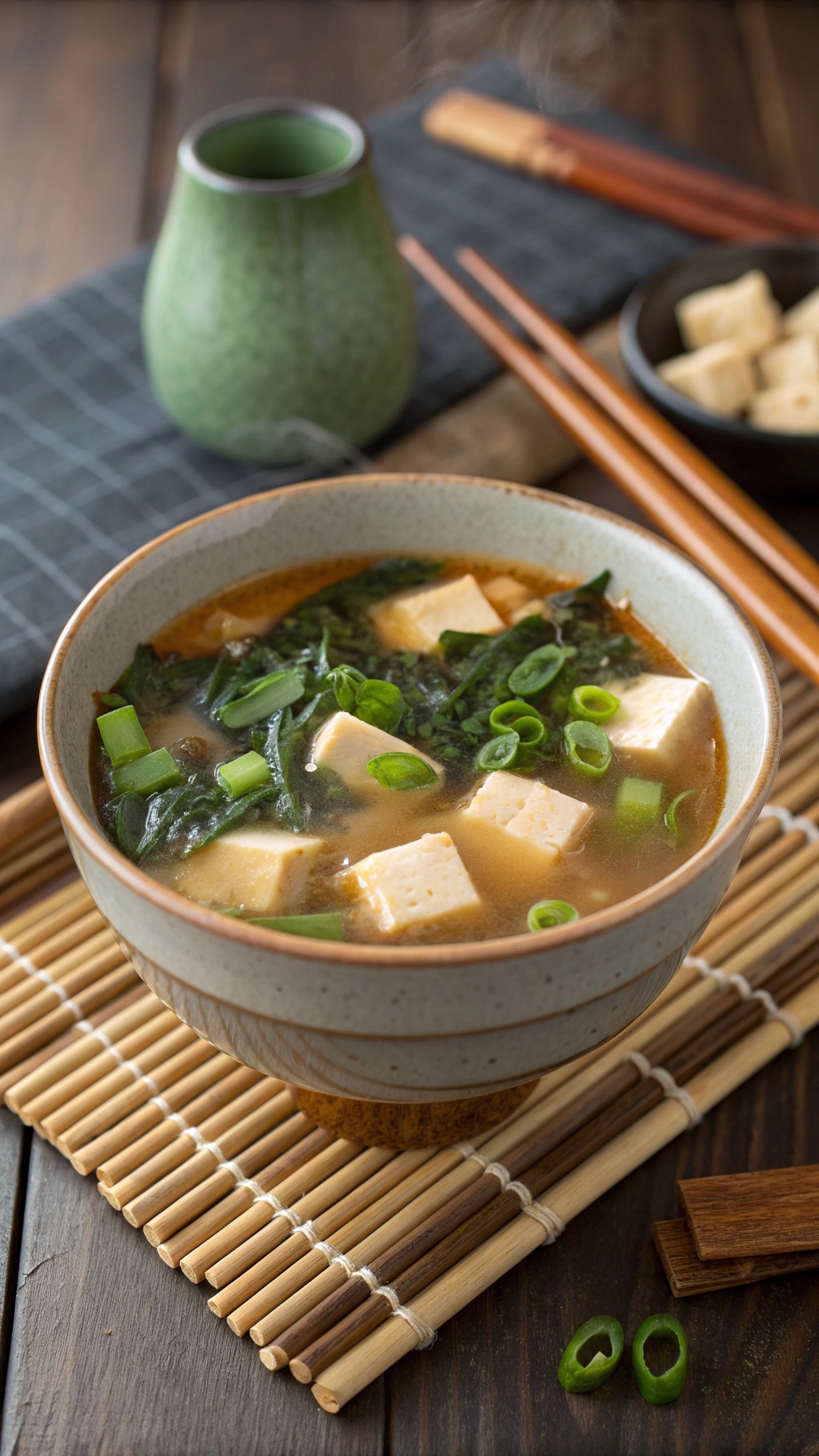 A bowl of miso soup with tofu and green onions, served with chopsticks.
