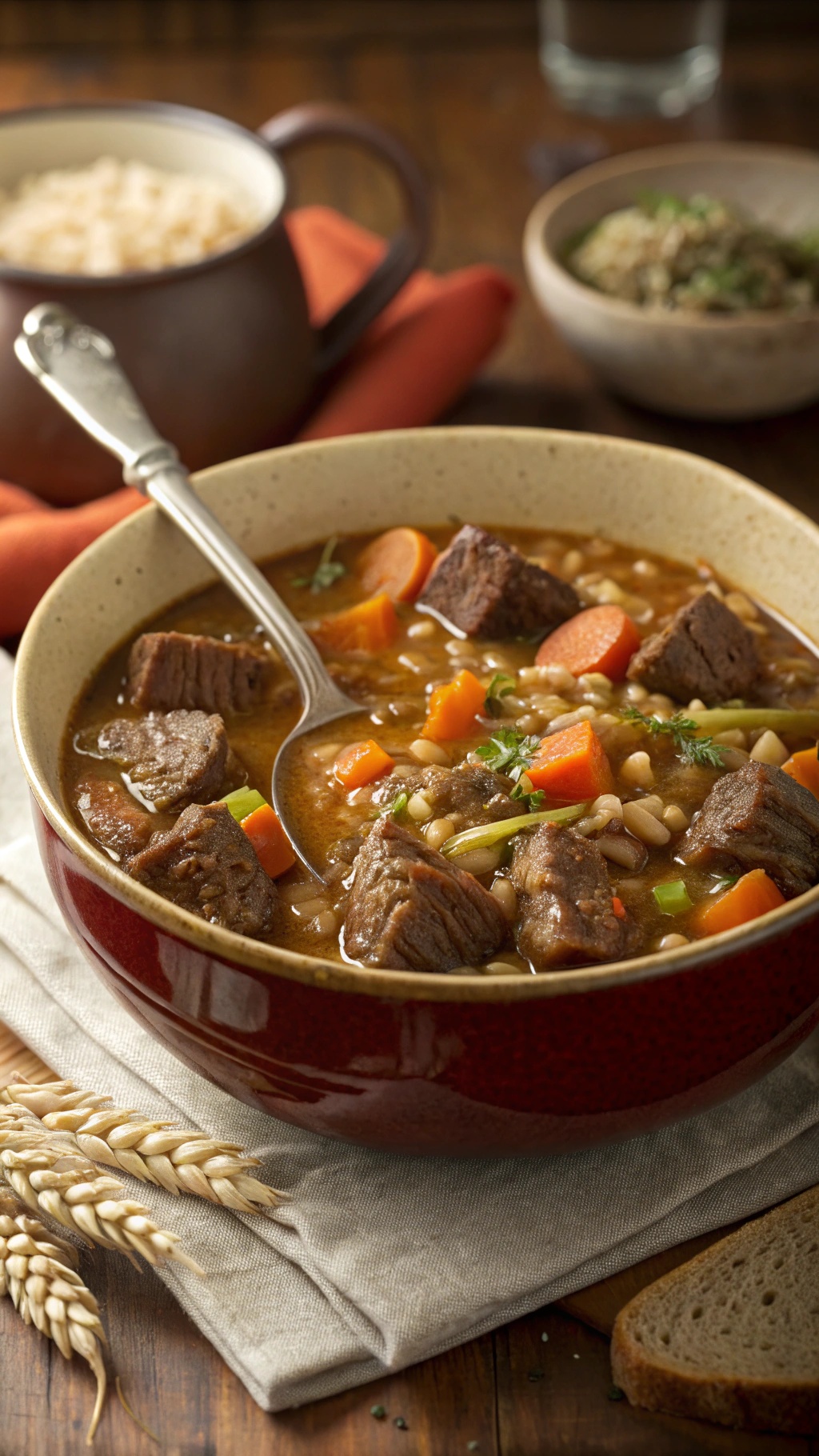 A bowl of beef and barley stew with chunks of meat and vegetables, garnished with herbs.