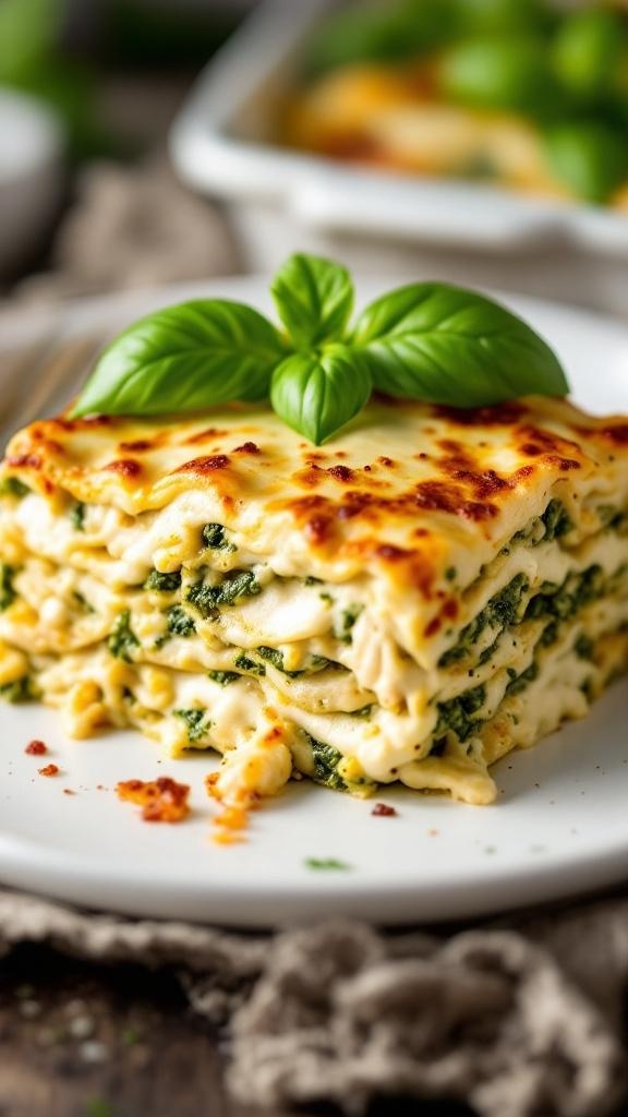 A delicious serving of pesto chicken lasagna with layers of chicken, pesto, and cheese, garnished with fresh basil.