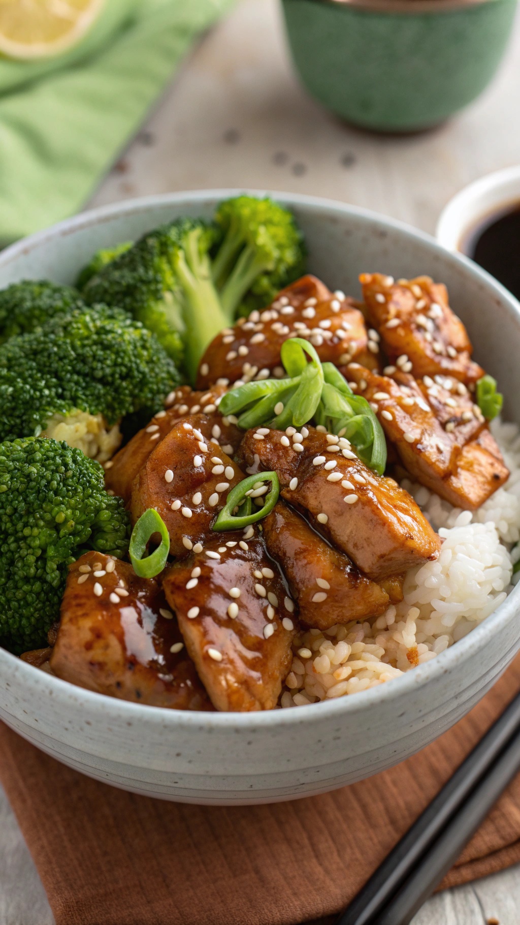 A bowl of teriyaki chicken with broccoli and rice, garnished with sesame seeds and green onions.