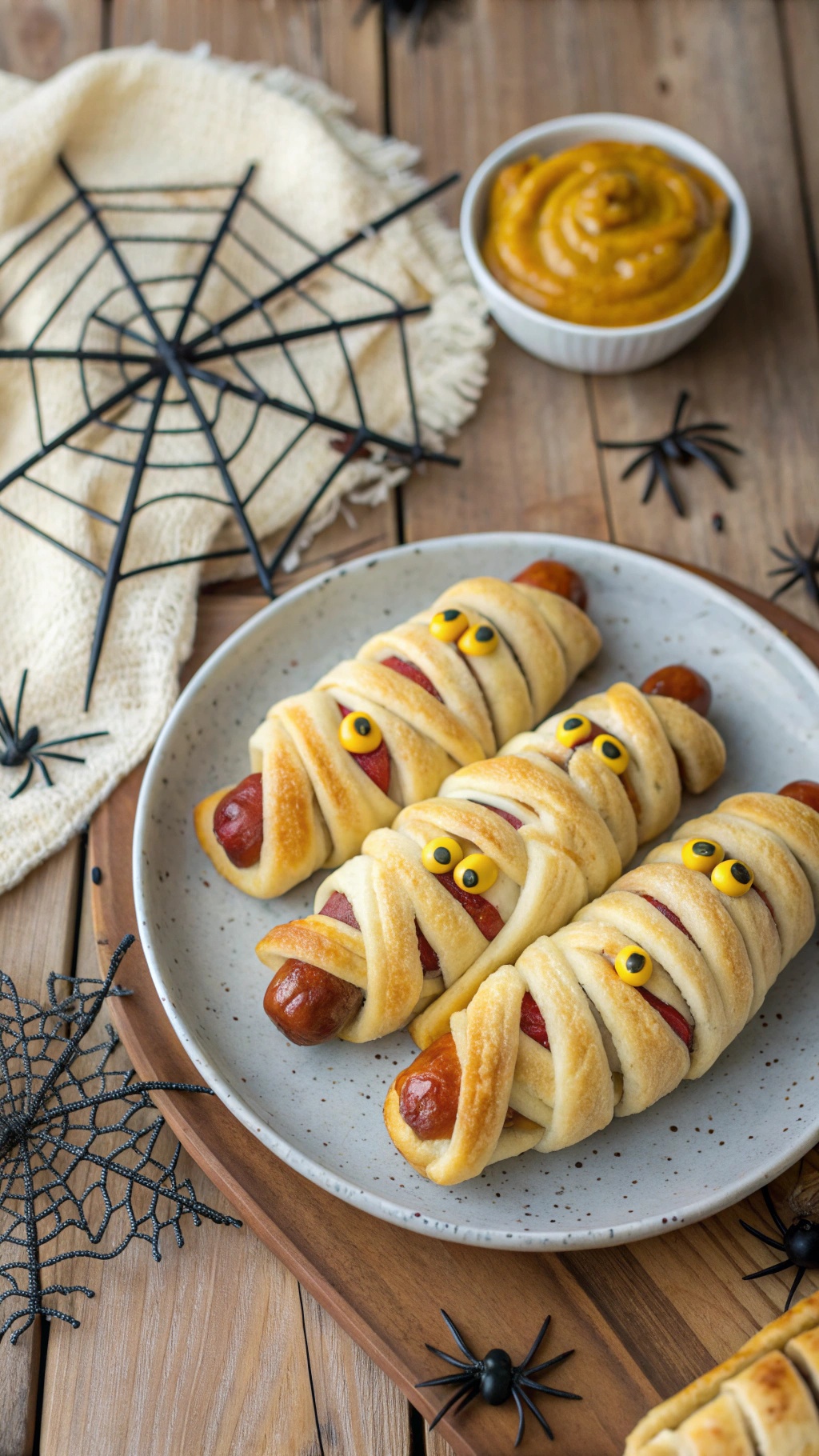 A plate of mummy hot dogs wrapped in crescent roll dough with candy eyes, served with mustard.
