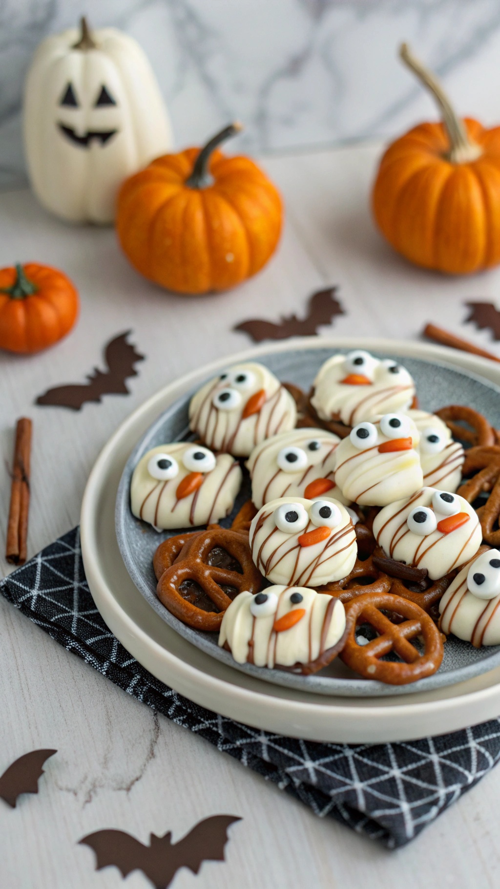 A platter of Mummy Pretzel Bites decorated for Halloween with pumpkins and bats.