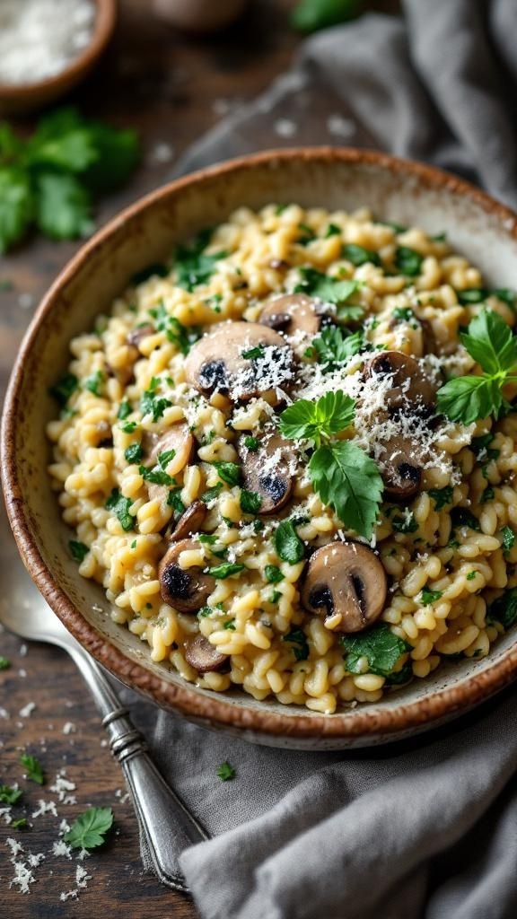 A bowl of creamy mushroom and spinach risotto garnished with parsley.