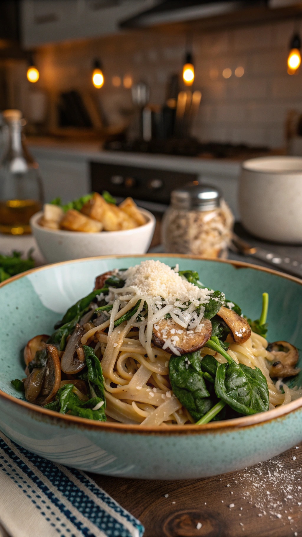 A bowl of mushroom and spinach shirataki noodles topped with grated cheese, served with a side of bread.