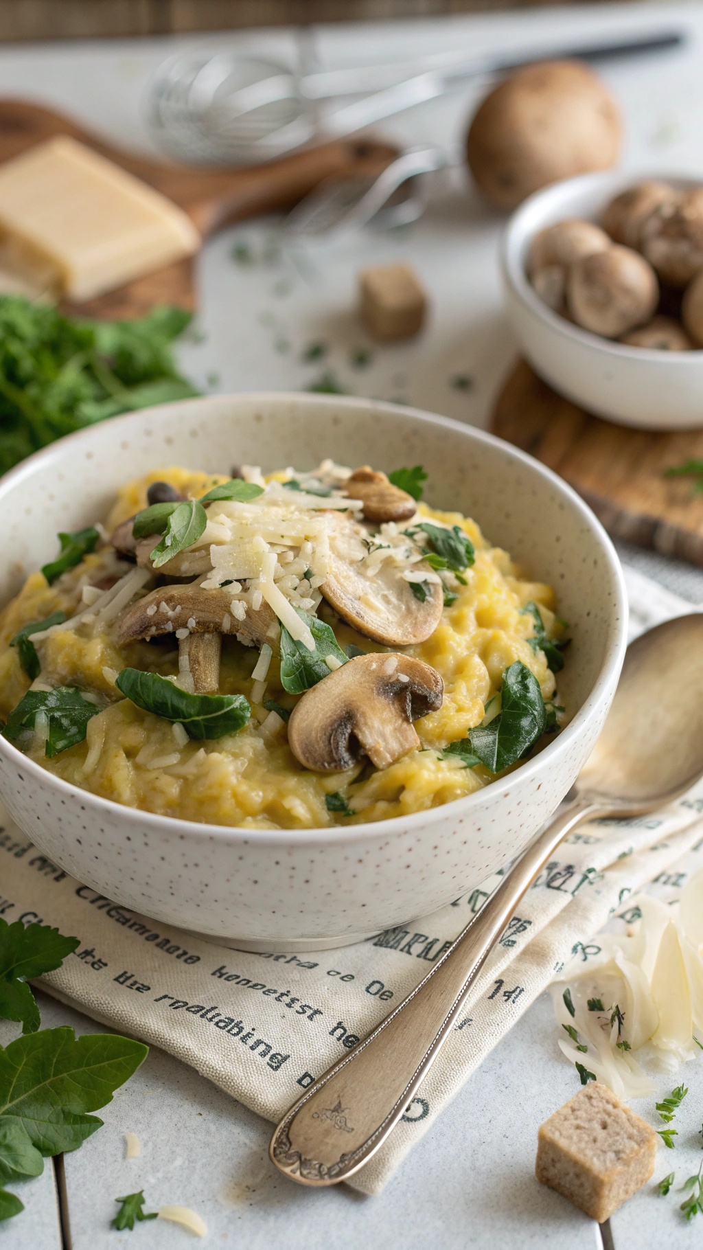 A bowl of mushroom and spinach spaghetti squash risotto topped with mushrooms and spinach, served with a spoon and garnished with cheese.
