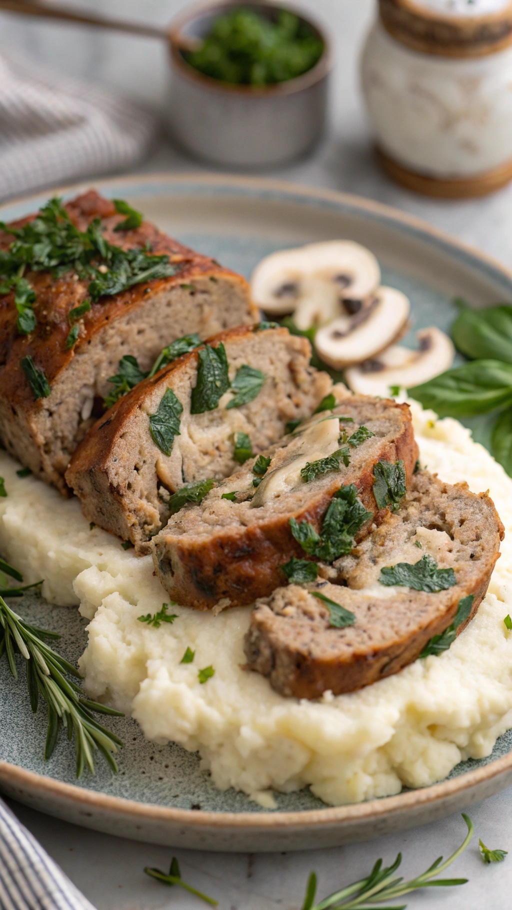 A sliced turkey meatloaf with mushrooms and spinach, served on mashed potatoes, garnished with herbs.