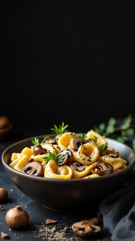 A bowl of tortellini with mushrooms and herbs on a dark background