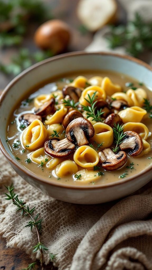 A bowl of mushroom tortellini soup garnished with thyme, showcasing golden tortellini and sautéed mushrooms.