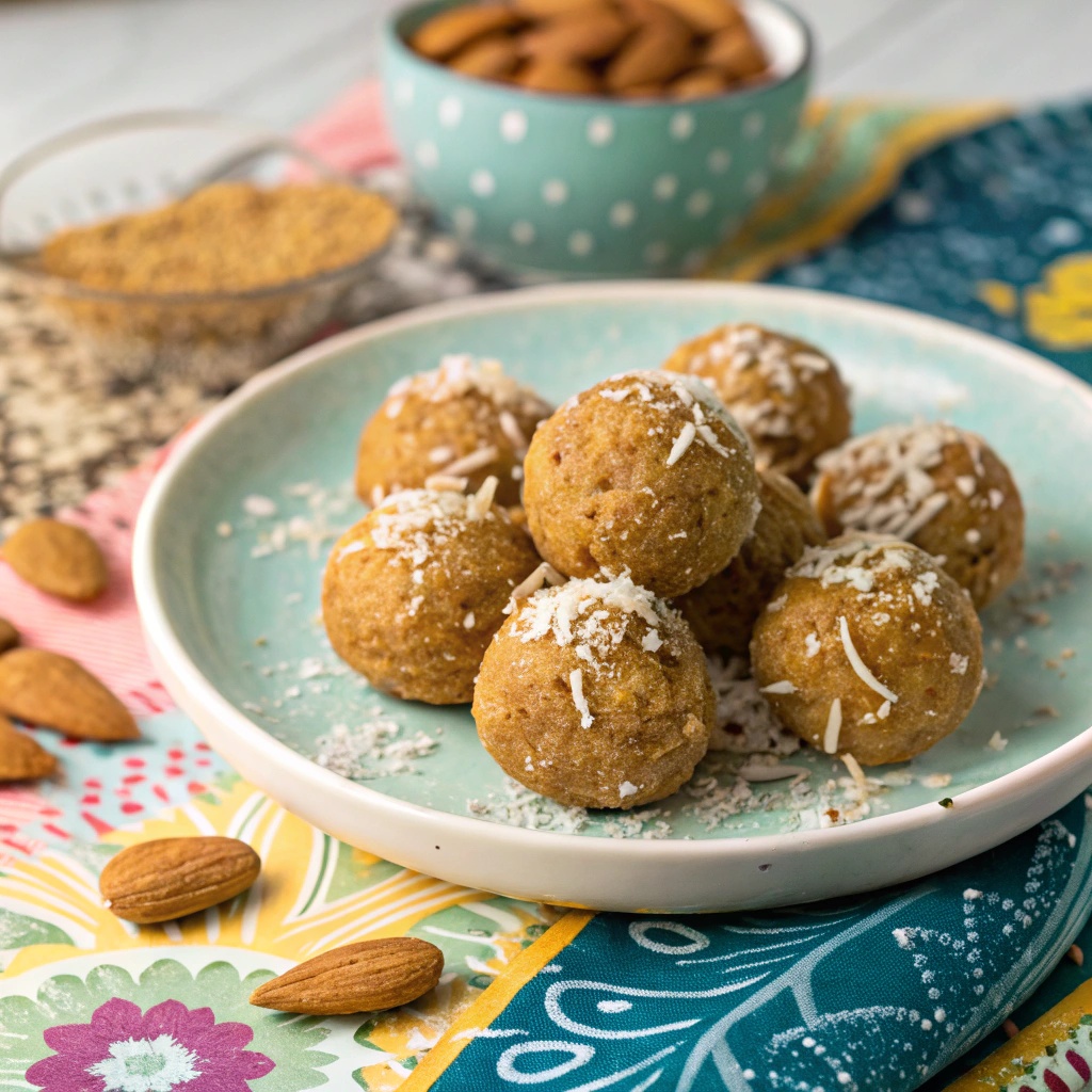 A plate of no-bake almond butter protein balls coated in shredded coconut, surrounded by almonds.