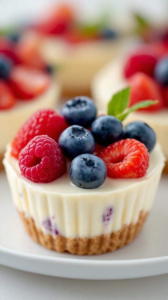 No-bake berry cheesecake cups topped with fresh raspberries and blueberries