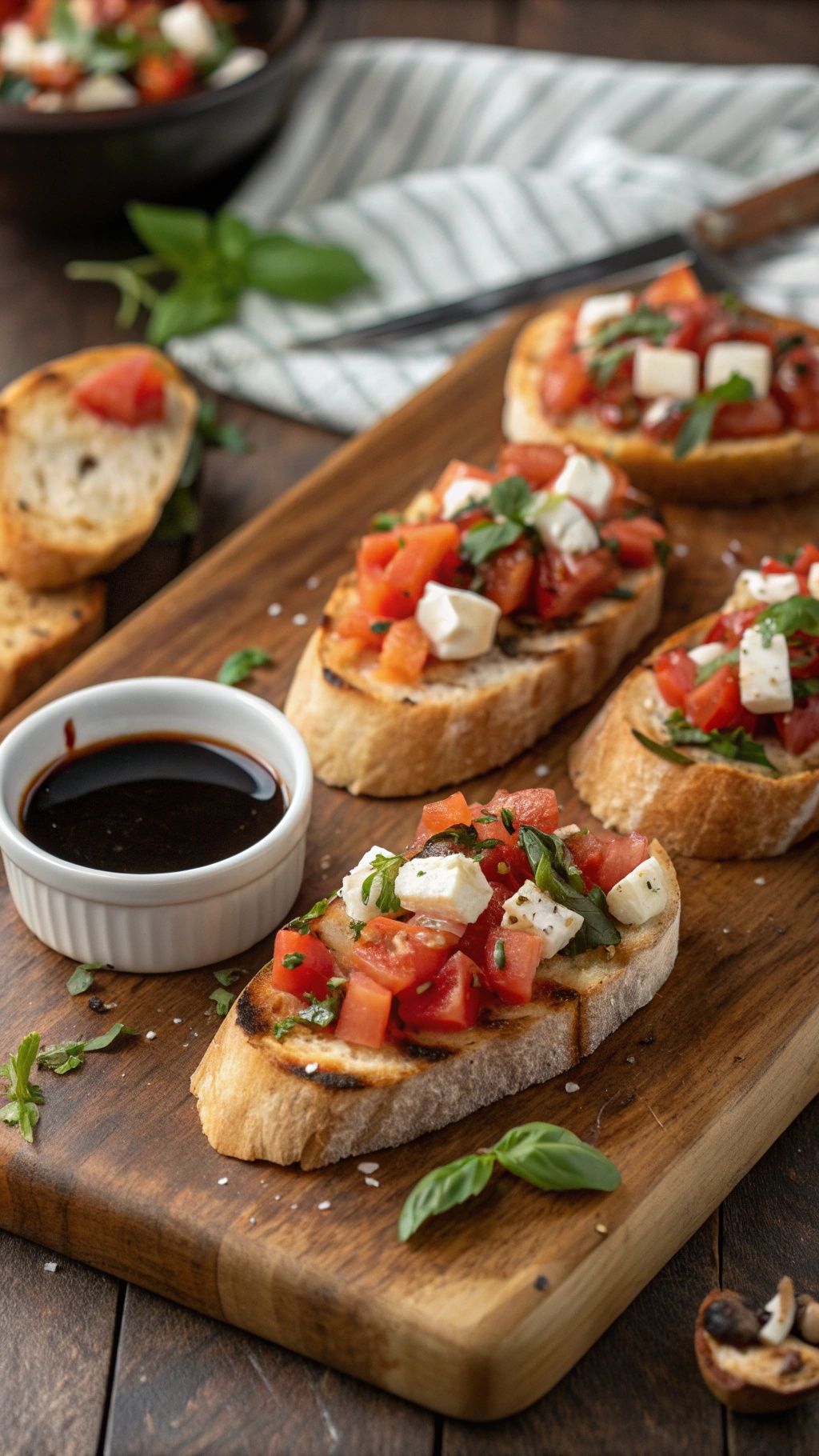 A wooden board with bruschetta topped with tomatoes and mozzarella, accompanied by a small bowl of balsamic glaze.