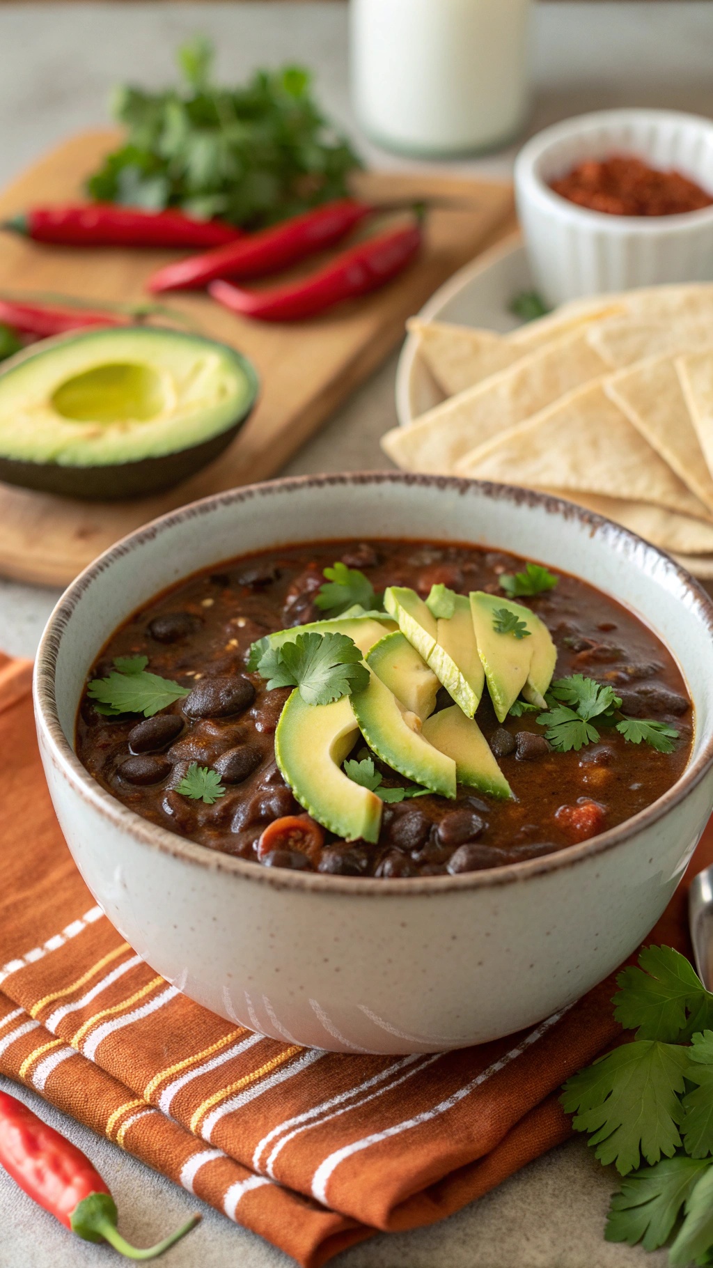 A bowl of spicy black bean soup topped with avocado slices and cilantro, served with tortilla chips and fresh ingredients.