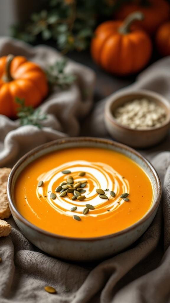 A bowl of creamy butternut squash soup topped with pumpkin seeds, surrounded by small pumpkins and a cozy cloth.