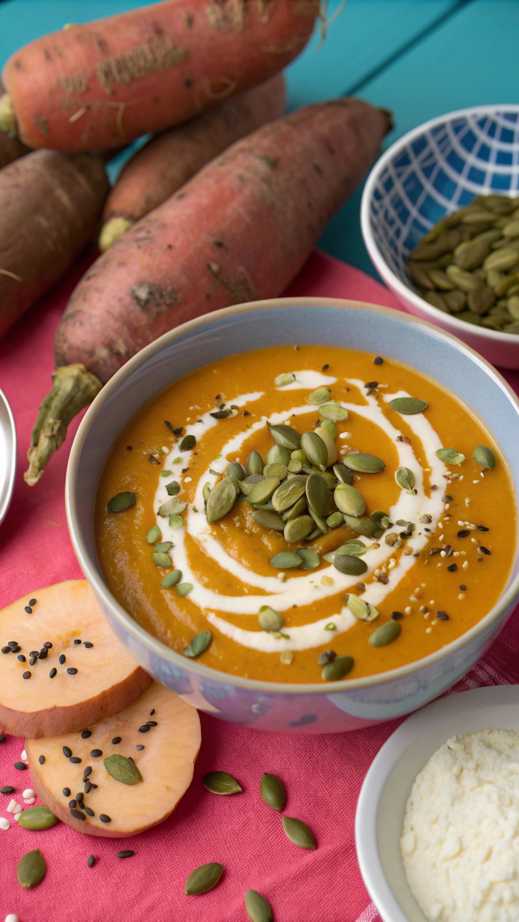 A bowl of creamy sweet potato soup garnished with pumpkin seeds, surrounded by fresh sweet potatoes and sliced apples.