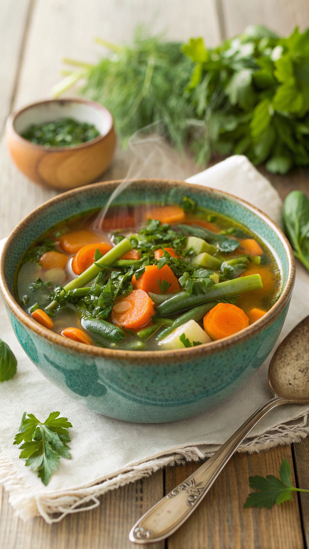 A bowl of nourishing vegetable detox soup with vibrant vegetables and herbs.