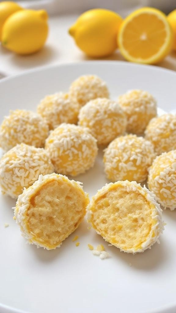 Nut-Free Lemon Energy Bites on a plate with whole lemons in the background.