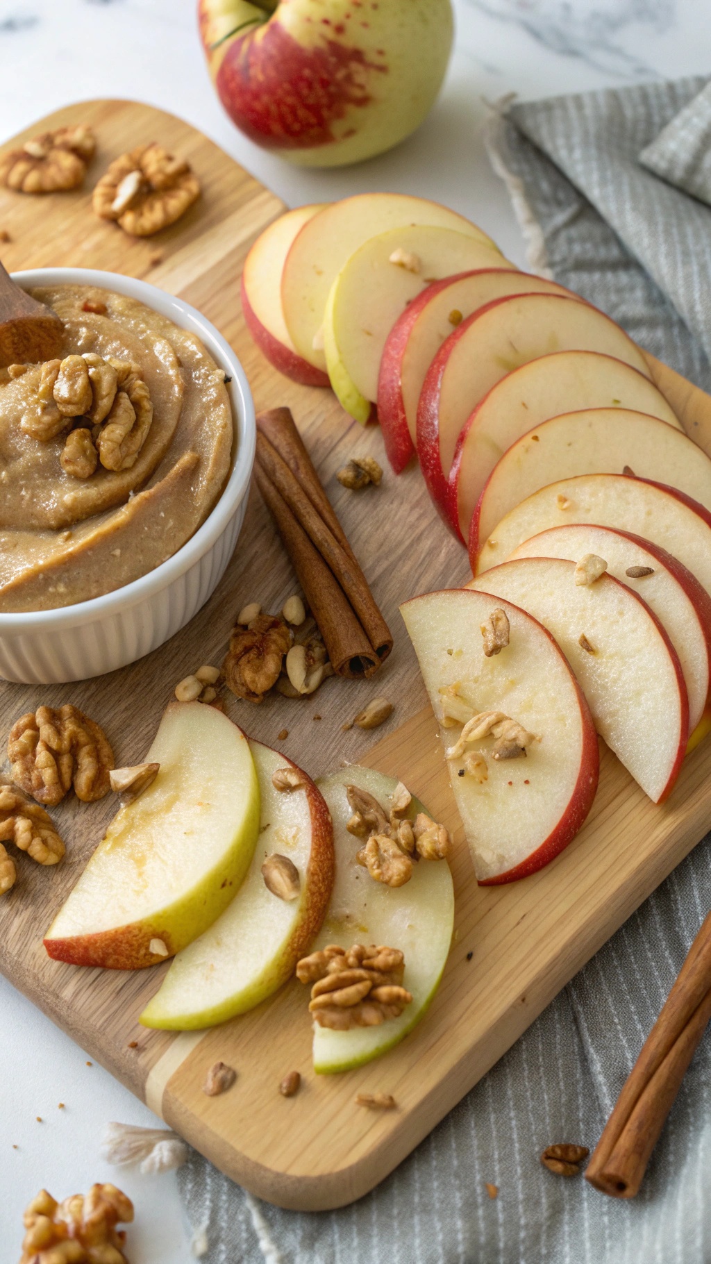 A wooden board with sliced apples, nut butter, and walnuts.