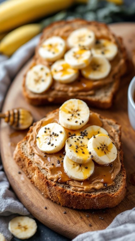 Nut butter and banana toast topped with honey and chia seeds on a wooden board.