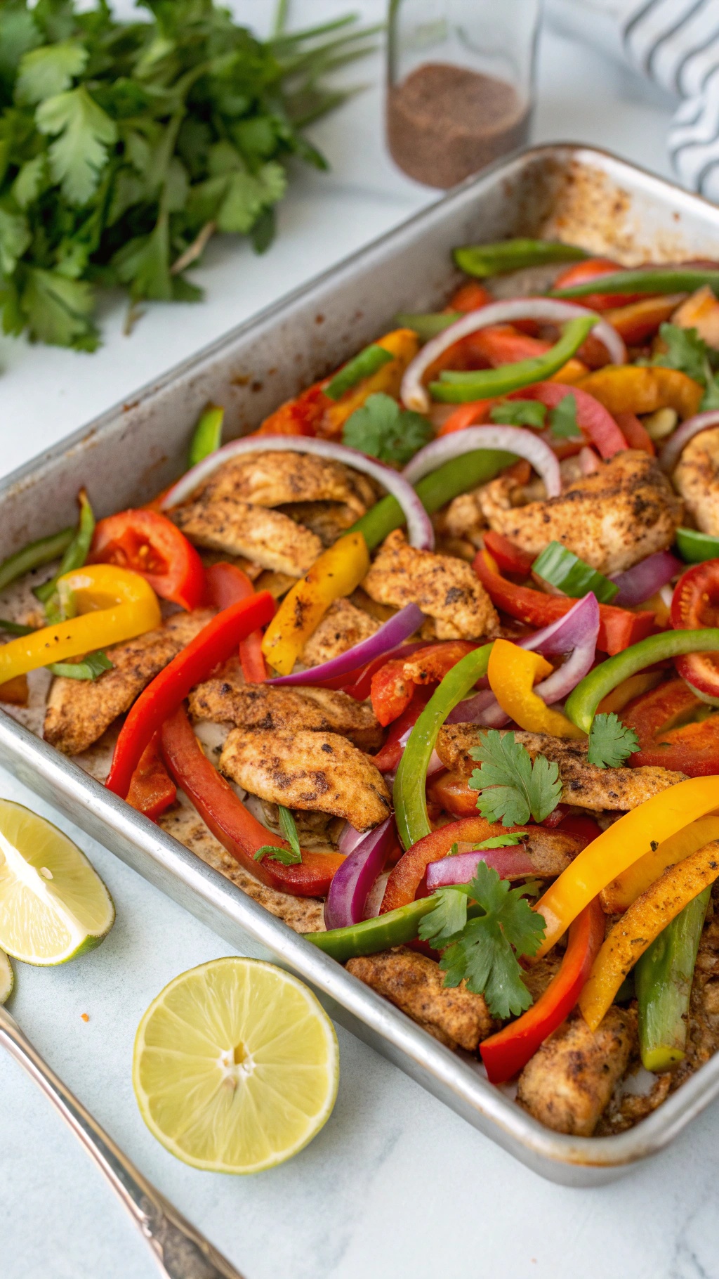 A sheet pan filled with colorful sliced bell peppers, onions, and seasoned chicken, garnished with cilantro and lime.