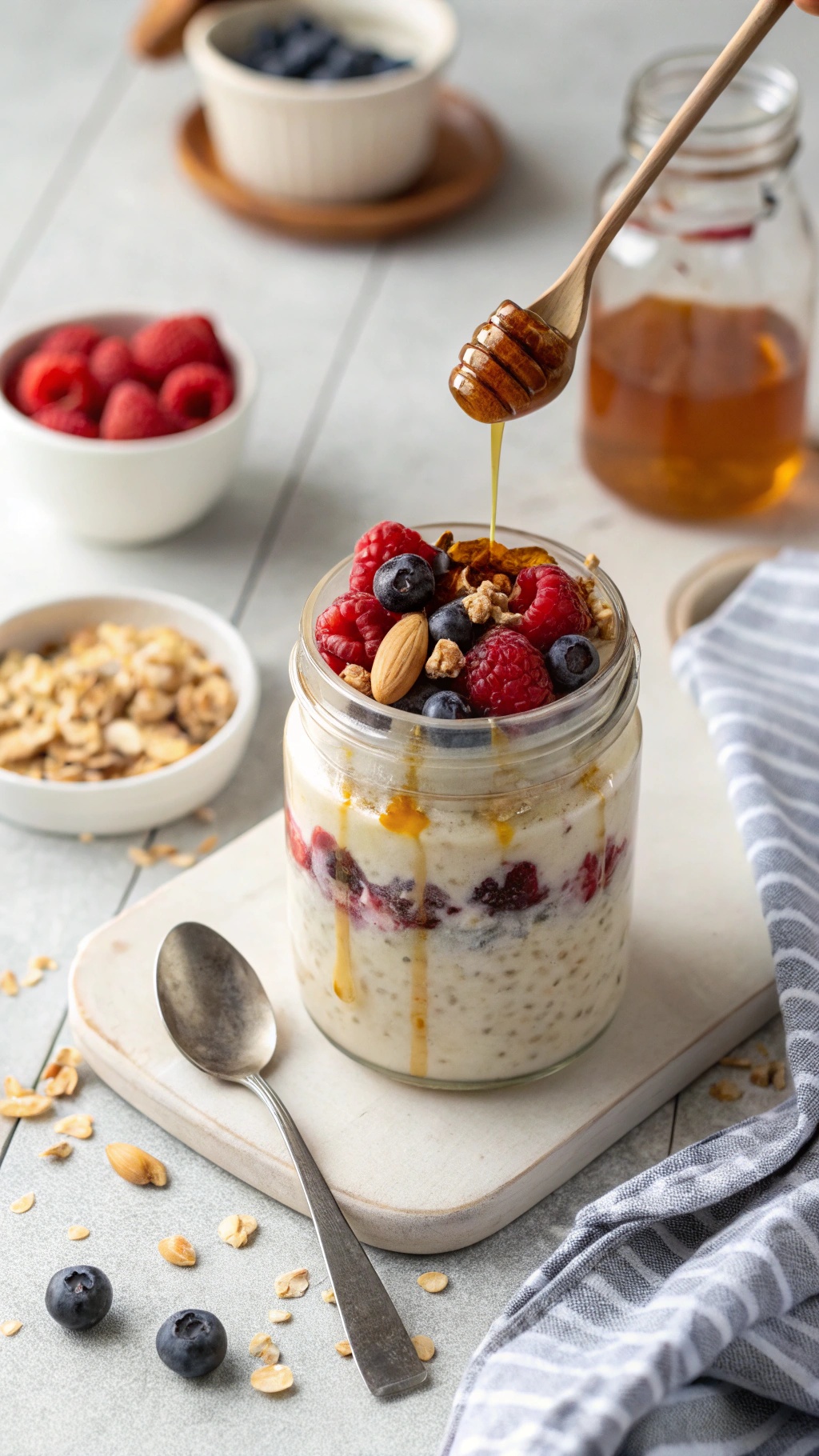 A jar of overnight oats topped with berries, granola, and honey, with a spoon beside it.