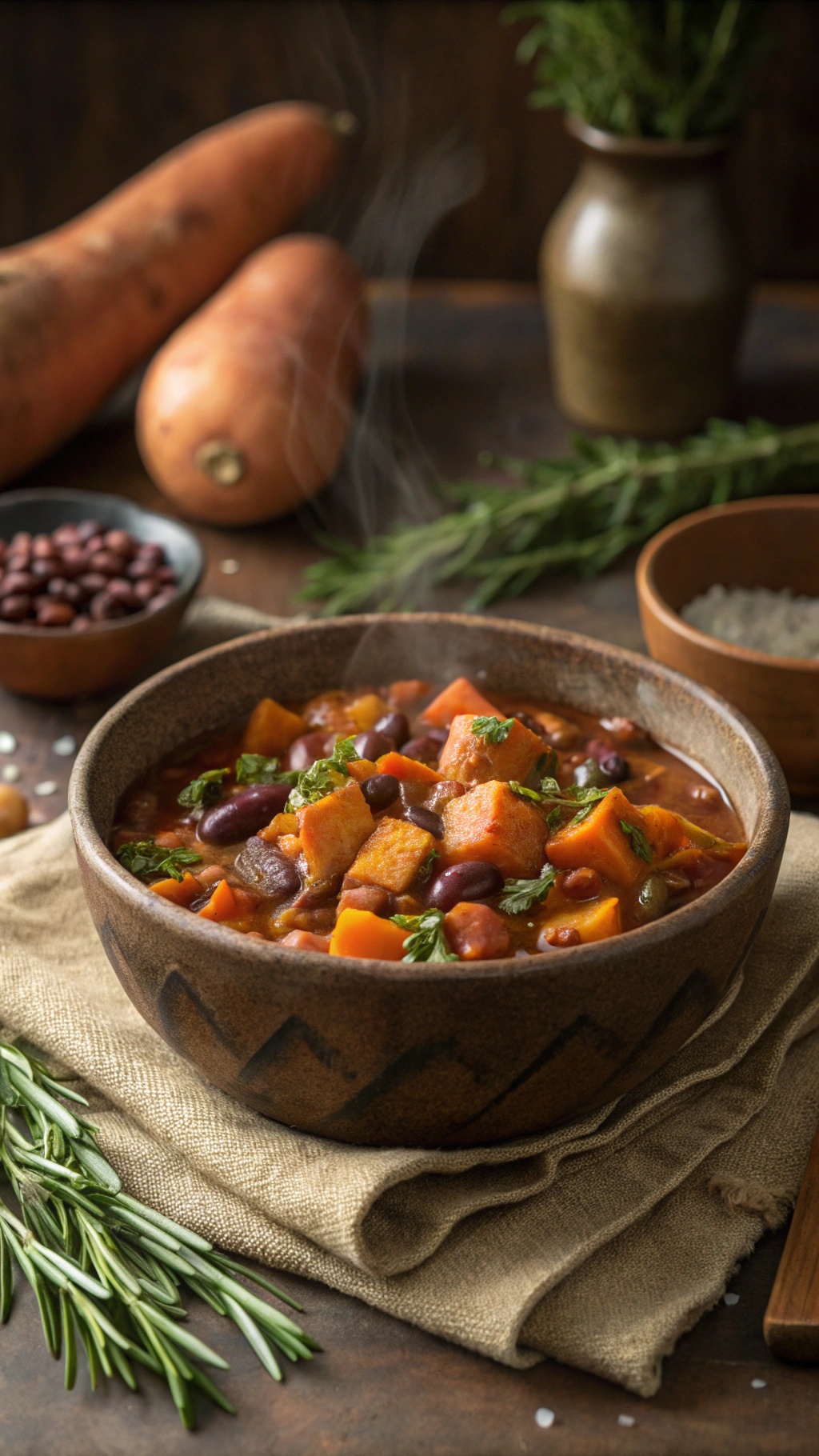 A bowl of bean and sweet potato stew with fresh herbs and ingredients in the background.