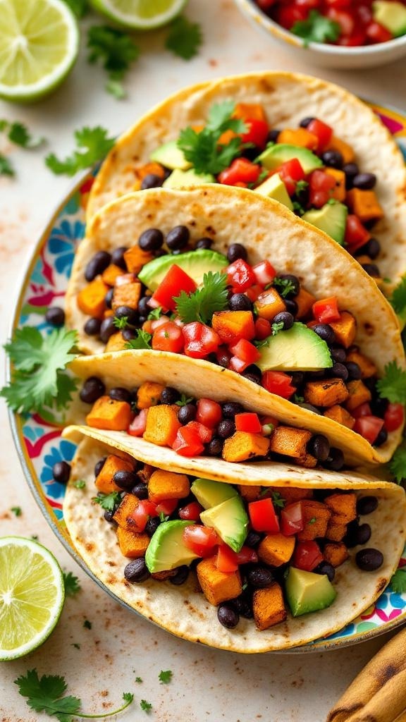 Three black bean and sweet potato tacos topped with tomatoes and avocado on a colorful plate