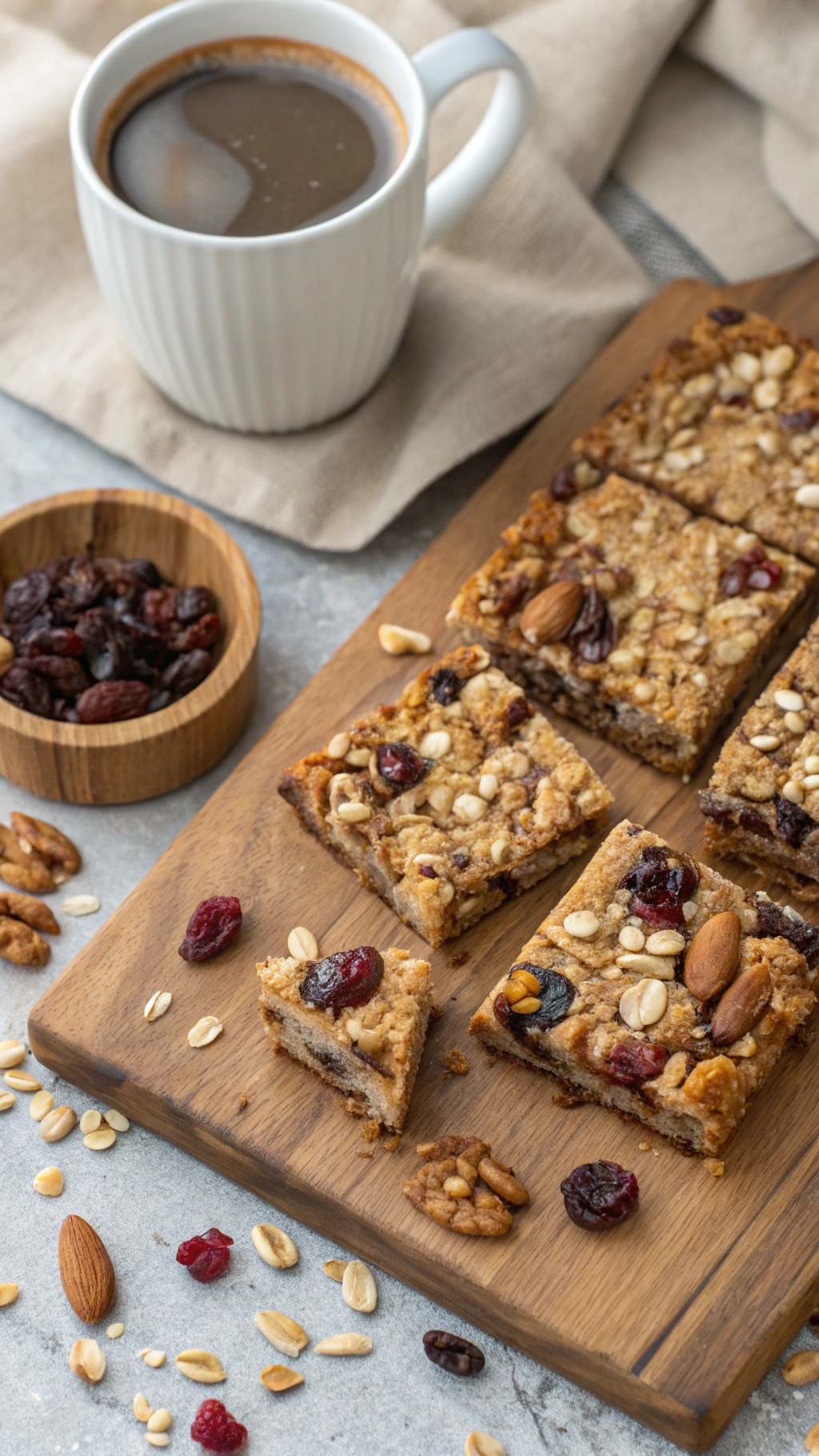 Nutritious breakfast bars with nuts and dried fruits on a wooden board, accompanied by a cup of coffee.