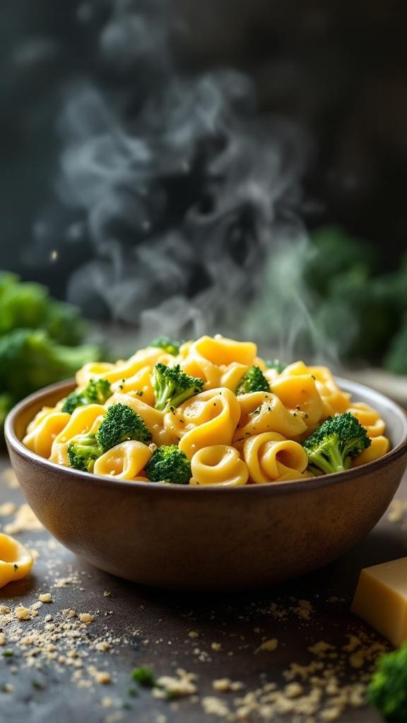 A bowl of broccoli and cheese tortellini with steam rising, showcasing a healthy and filling meal.