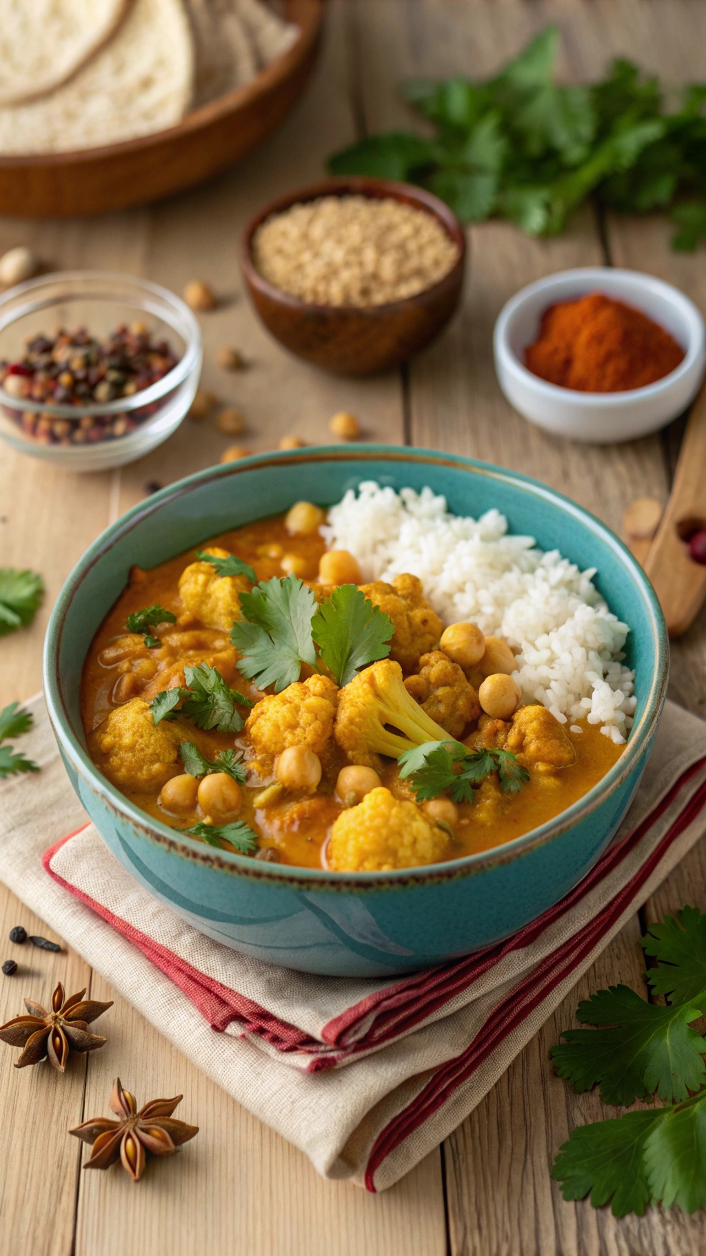 A bowl of cauliflower and chickpea curry served with rice, garnished with cilantro, and surrounded by spices.