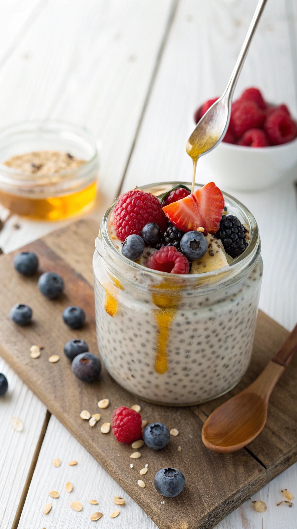 A jar of chia seed pudding topped with fresh berries and honey, placed on a wooden surface.