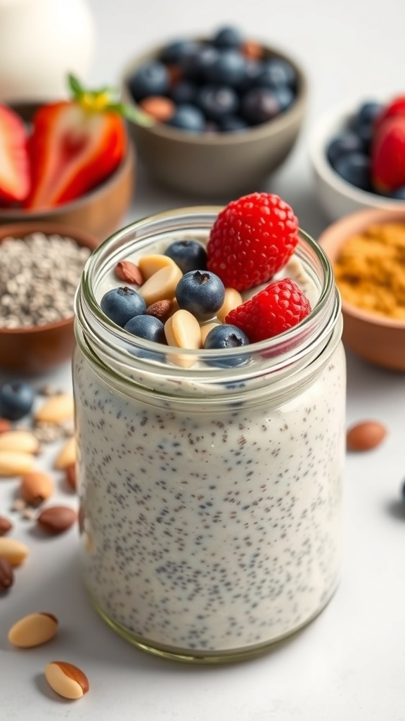 A jar of chia seed pudding topped with fresh berries and nuts, surrounded by bowls of additional berries and chia seeds.