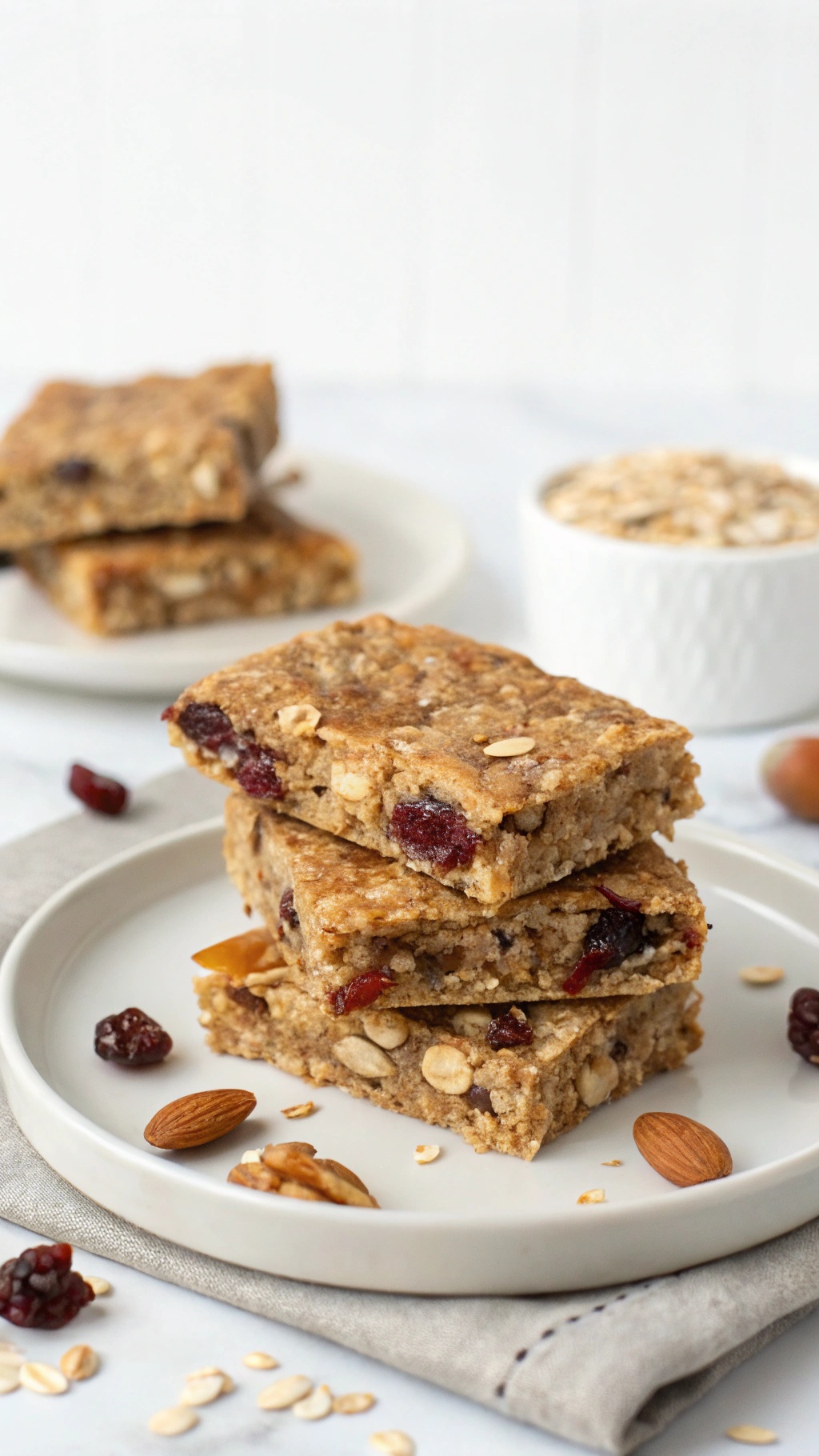 Nutritious energy bars stacked on a plate with oats and almonds scattered around.