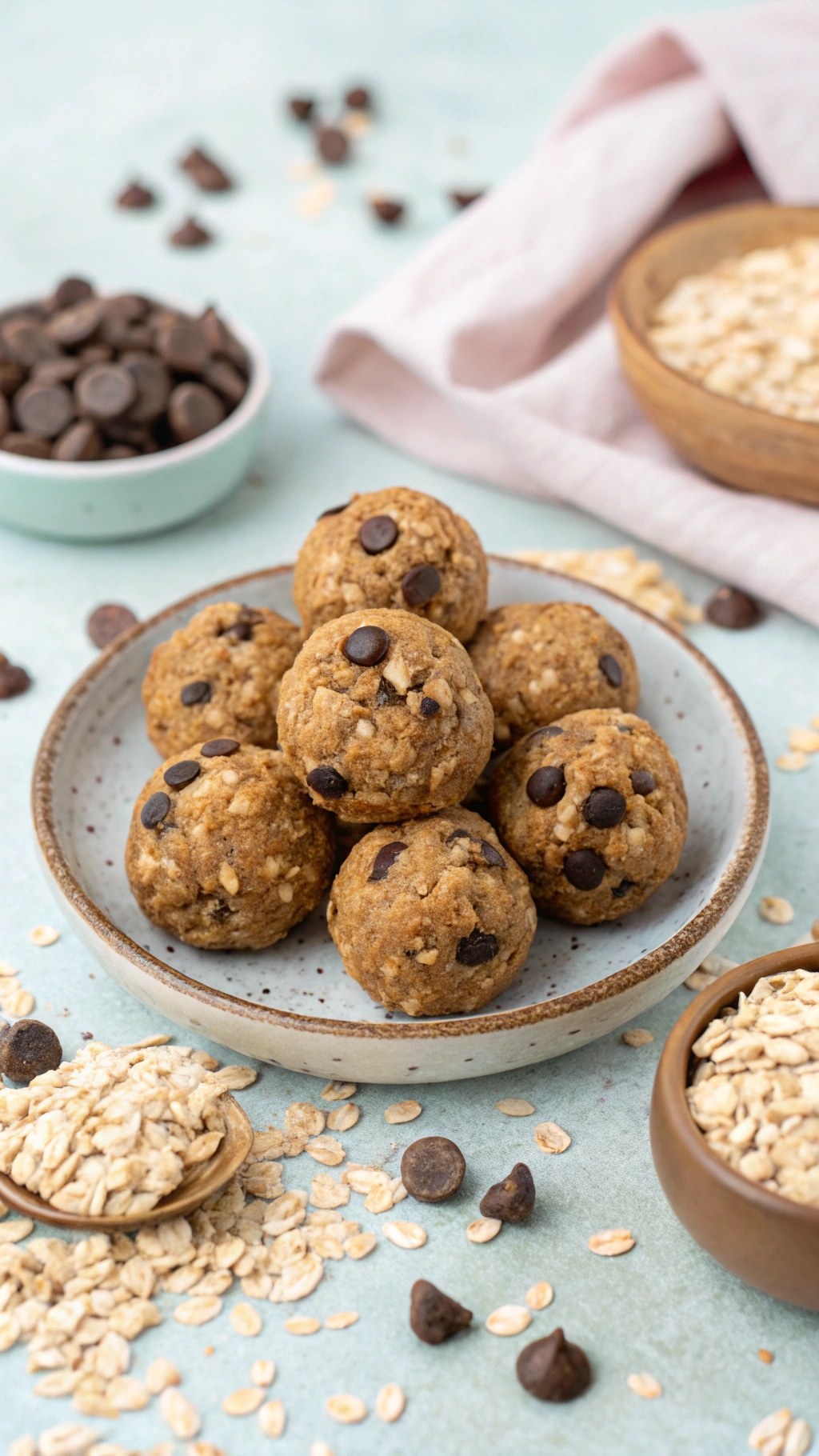 A plate of nutritious energy bites made with oats and chocolate chips, surrounded by ingredients like oats and chocolate chips.