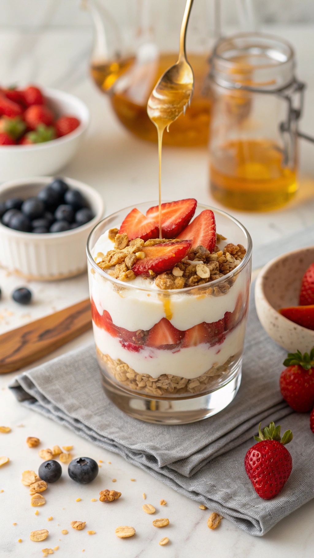 A Greek yogurt parfait with layers of yogurt, strawberries, blueberries, and granola, drizzled with honey.