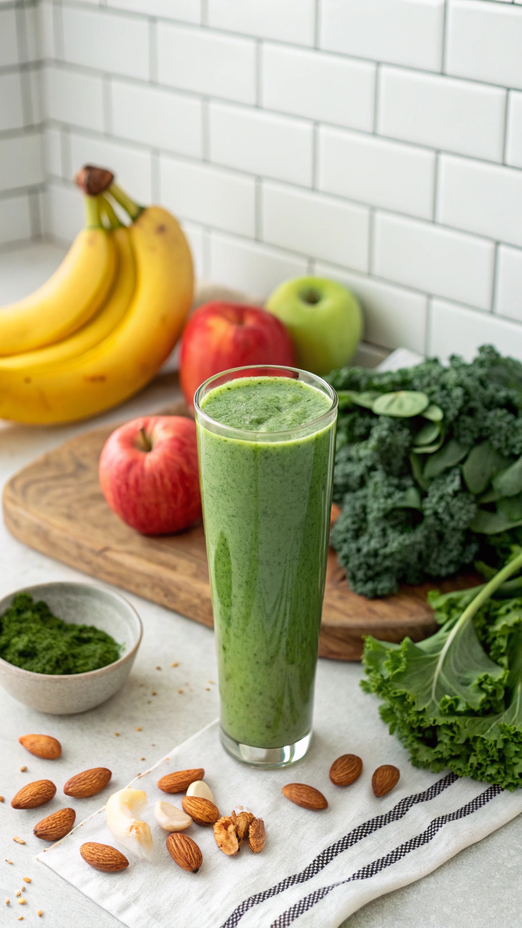 A green smoothie in a glass surrounded by fresh fruits and vegetables, including bananas, apples, and kale.