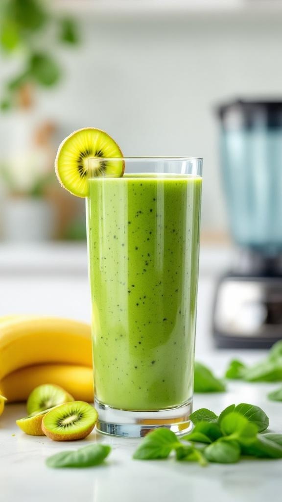 A refreshing green smoothie in a tall glass, garnished with a slice of kiwi, with bananas and fresh basil leaves in the background.